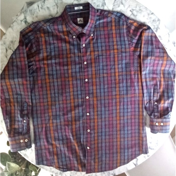 Peter Millar Men's Large Dark Rainbow Plaid Button-Down Shirt Classic Fit Preppy - Picture 2 of 8
